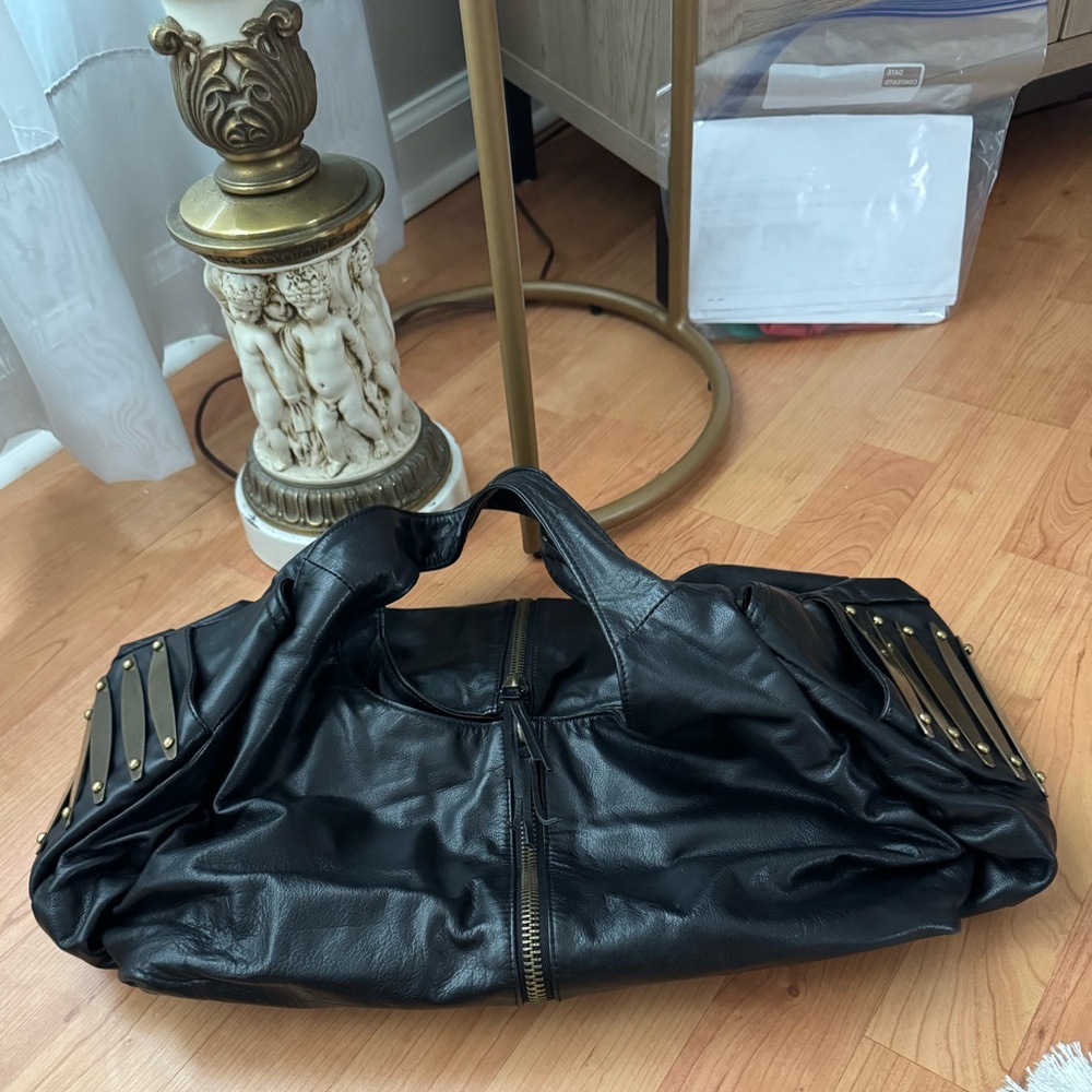 RomyGold Black Leather Bag w/Metal Detail